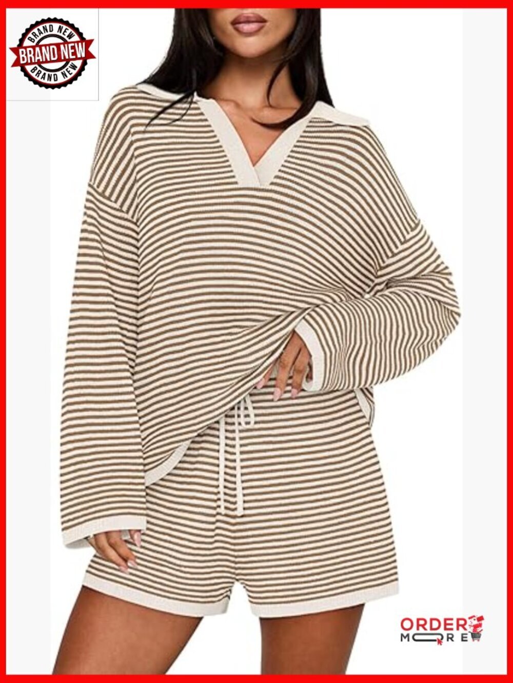 Women's 2 Piece Lounge Set Long Sleeve Stripe Top Shorts
